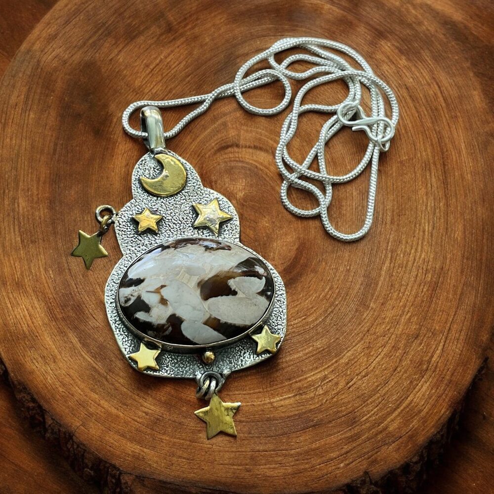 Peanut Jasper Star Moon Solid Coin Silver Pendant Necklace